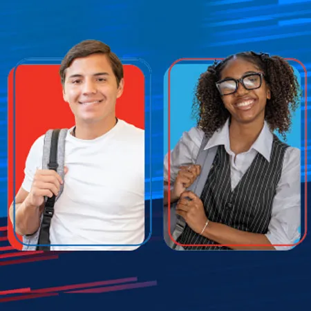 Two students, each with a backpack slung over one shoulder, stand against a split red and blue background.