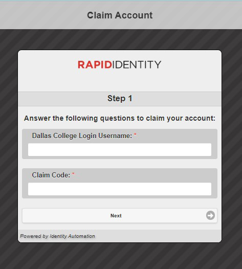 Example of RapidIdentity 'Claim Account' Step 1 page for Dallas College, prompting for login username and claim code.