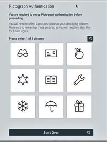 Screenshot of the Pictograph Authentication setup page for RapidIdentity, prompting the user to select 3 identifying pictures from a grid including icons like glasses, envelope, apple, snowflake, book, wrench, umbrella, and gift box.