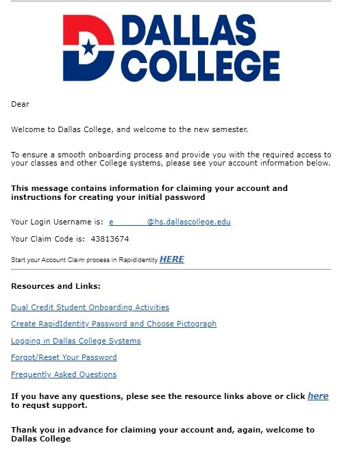 Example of welcome email from Dallas College with instructions for new students on how to claim their account and create an initial password using RapidIdentity.