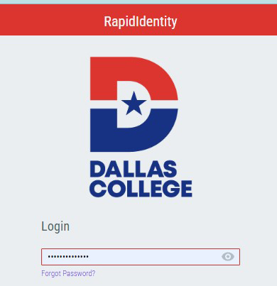 RapidIdentity login screen for Dallas College showing a password input field, 'Forgot Password?' link, and the Dallas College logo.