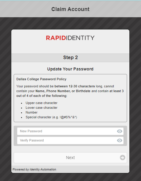Example of RapidIdentity 'Claim Account' Step 2 page for Dallas College, prompting user to update password according to specified policy.