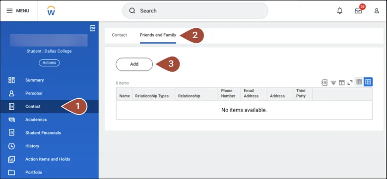 Detailed image coincides with instructions of FERPA Release form. From the student profile, navigate to the left-hand menu and select Contact. Select Friends and Family and then click Add.