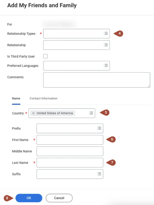 Detailed image coincides with instructions of FERPA Release form. Step 2: Complete the required fields. Relationship Type. Country. First Name. Last Name. Select OK to save the information.