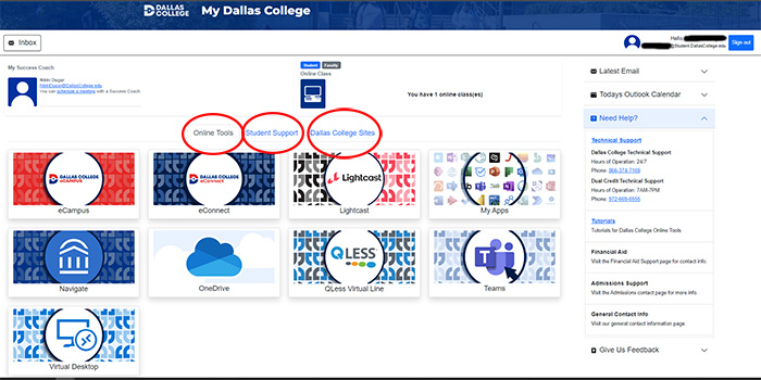 My Dallas College dashboard with tools, support links, and success coach contact info.