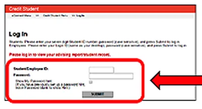 Credit Student login page with fields for ID and password, and a red arrow pointing to the login section.