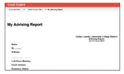 Dallas College 'My Advising Report' webpage showing student info and navigation links.