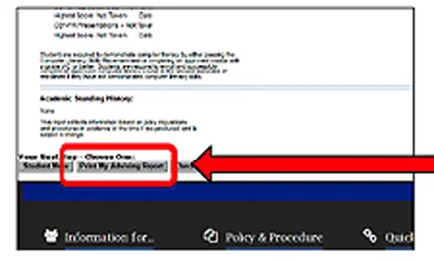 Academic webpage with a red arrow pointing to 'Print My Advising Report' button.