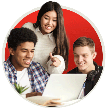 Three students looking at a laptop, one pointing at the screen.