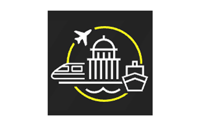 Illustration showing a plane, train, boat and building tower