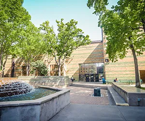 Brookhaven's courtyard, near the library with a fountain in the foreground.