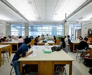 A science classroom at Richland with students sitting around tables and listening to the instructor