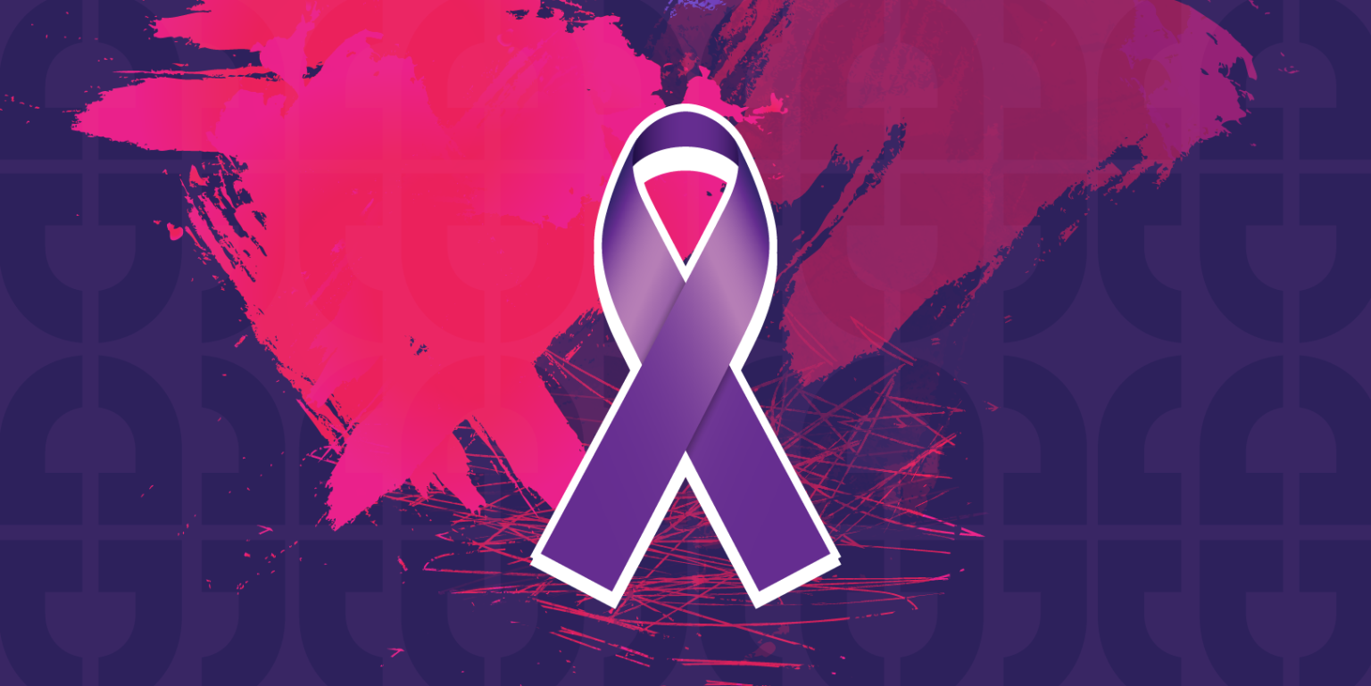 Decorative image of a purple ribbon on a pink and purple background.
