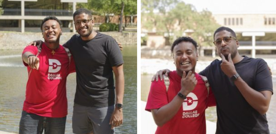 Yonata Kidane wearing a red shirt with the Dallas College logo and Sirak Asfaw stand in front of water (maybe a lake) and buildings.