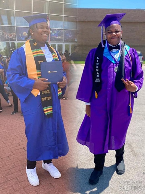Two side-by-side graduation photos of Elijah Harrington in cap and gown at separate commencement ceremonies. In one image, he holds a diploma cover and wears honor cords and a stole, while in the other he poses outdoors wearing a purple graduation gown decorated with cords and medals.