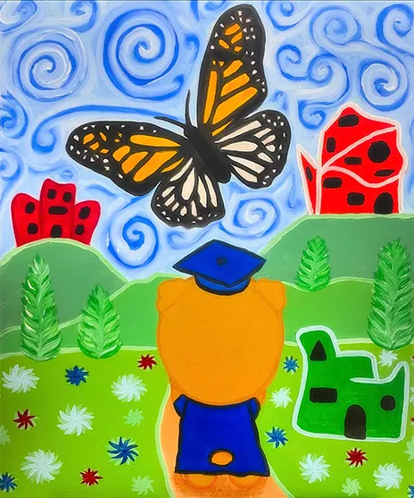 One of Osvaldo's pieces depicting an abstract of a graduate with a butterfly in the middle and buildings built on hills.