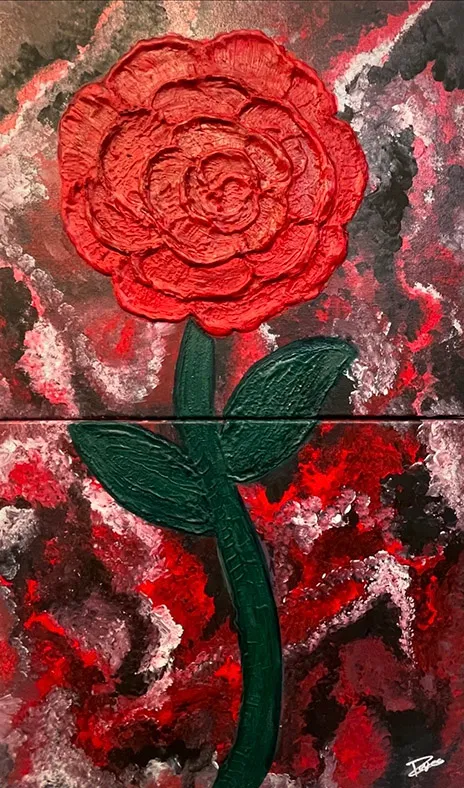 One of Osvaldo's art pieces, depicting a red rose with a red background