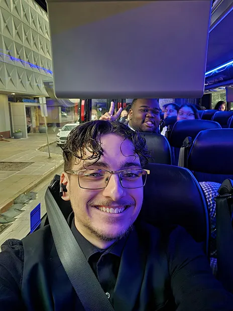 Selfie of Andrew Prichard on bus to the Student Leadership Conference