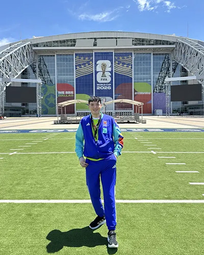 Gabriel Martinez is pictured in front of Dallas Stadium during the 2026 World Cup.