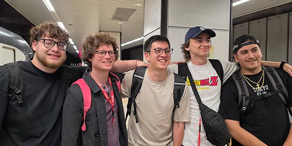 Dallas College students Emiliano Rodriguez, Wyatt Baker, Andrew Coleson and Eric Arias are pictured with API guide Thomas Richter in Japan.