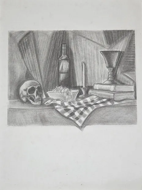 Still life pencil drawing with skull, bottle, candle, books and chalice.