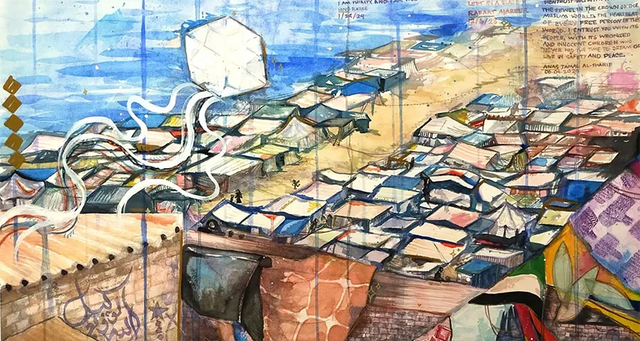 Student painting depicting tents by the sea.