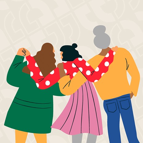 Illustration of three women walking with arms wrapped around each other