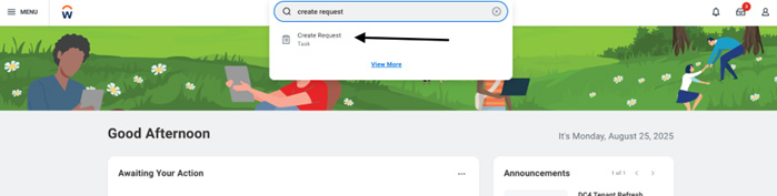 Screenshot of Workday showing the search results for Create Request