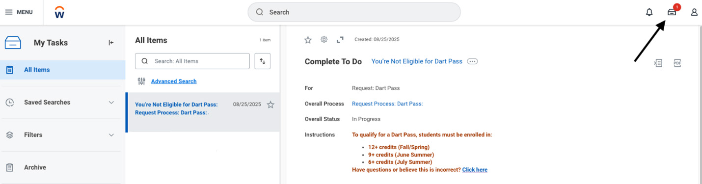 Screenshot of Workday highlighting the inbox icon and a notification that a Dart Go Pass was not approved.