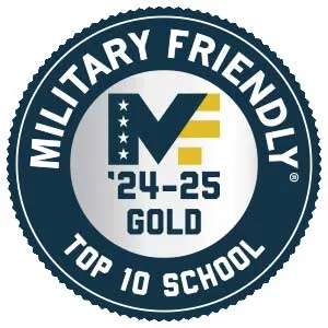 Circular badge labeled 'MILITARY FRIENDLY TOP 10 SCHOOL' with a stylized 'M' featuring stars and stripes, and text below reading '24-25 GOLD'.