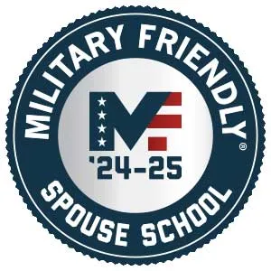 Circular emblem labeled 'MILITARY FRIENDLY SPOUSE SCHOOL' with a stylized 'M' and 'F' featuring an American flag design, and text below reading '24-25'.