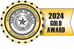 Gold award badge with 'Veterans Education Excellence Recognition Award' around the Texas state seal, next to a yellow ribbon labeled '2024 Gold Award'.