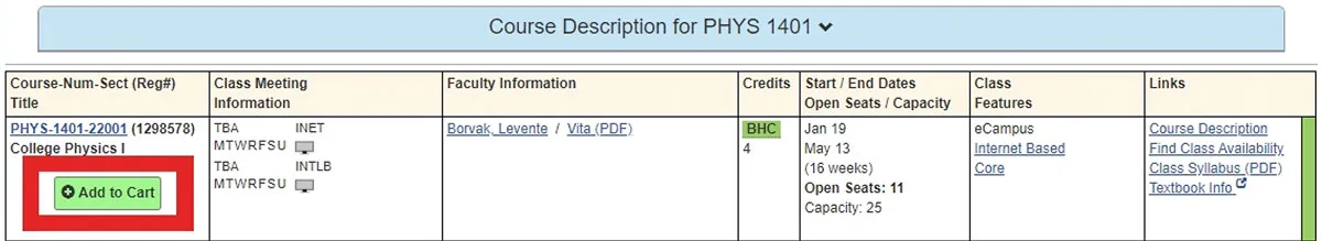 Screenshot of course description with Add to Cart button highlighted.