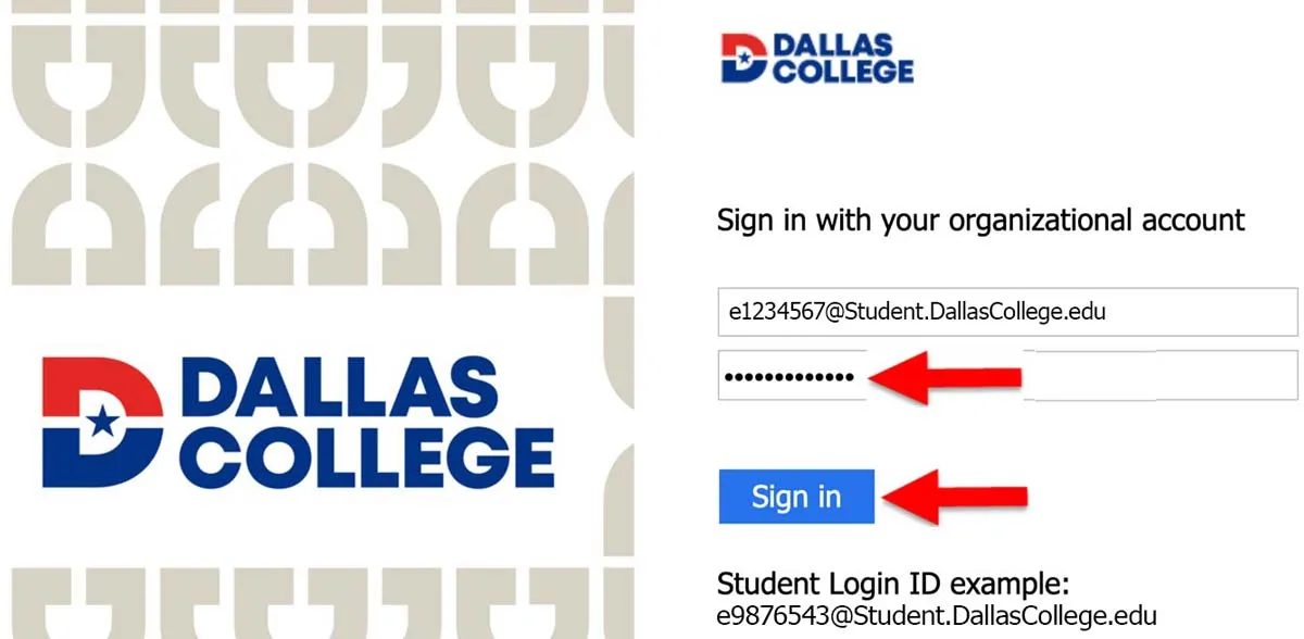 Screenshot of Dallas College organizational account Login page. The password entry field and Sign in button are highlighted.