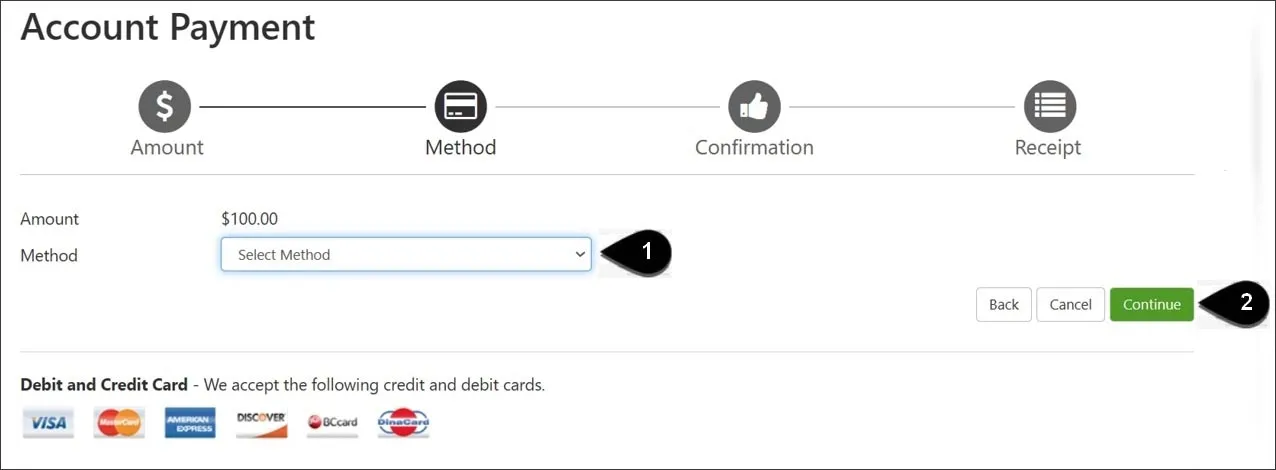 Screenshot of the process for payment: 1) Select method of payment and 2) Click Continue.