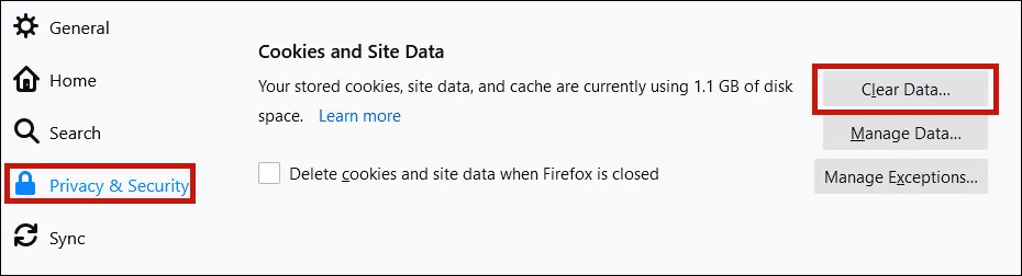 Screenshot of Options page with Privacy & Security highlighted. Clear Data is also highlighted.