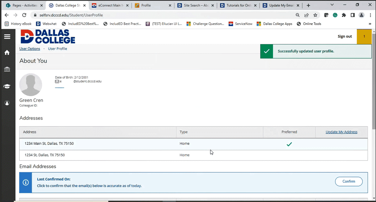 Screenshot of Update My Email Address process
