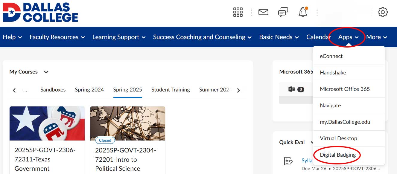 screenshot of how to navigate to the digital badging link on the eCampus menu