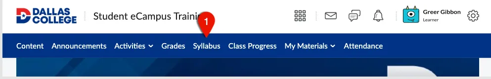 On the eCampus course homepage, you will find the Syllabus tab on the navigation menu at the top of the page after Content, Announcements, Activities, and Grades.