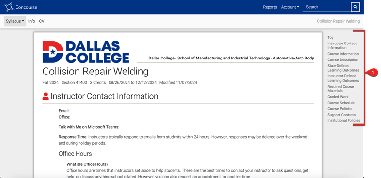 This is a screenshot of a digital syllabus in the Concourse homepage from eCampus.