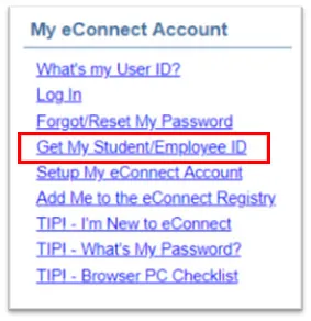 under My eConnect Account Heading click get my student/employee ID