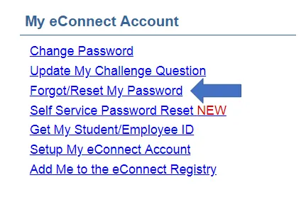 screen shot of econnect link with a red arrow pointing to the forgot or reset my password