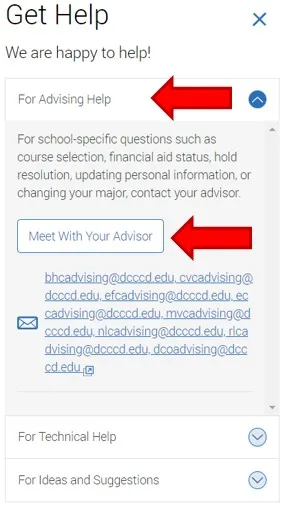 For Advising Help menu item. To schedule an advising appointment click Meet With Your Advisor. Also available are links to the a