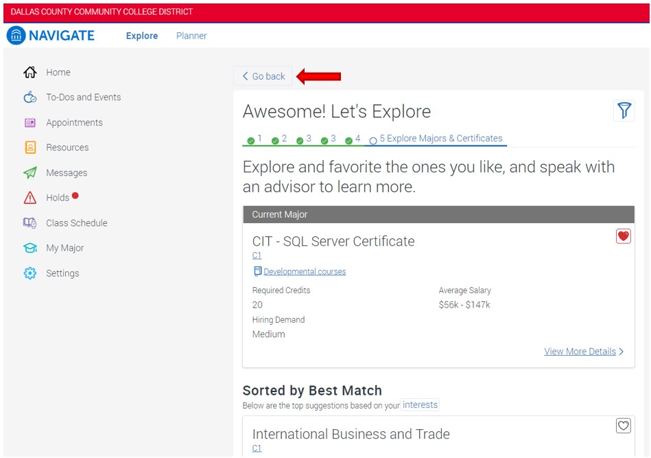 At the top left corner of the page, click Go back to return to the previous screen.