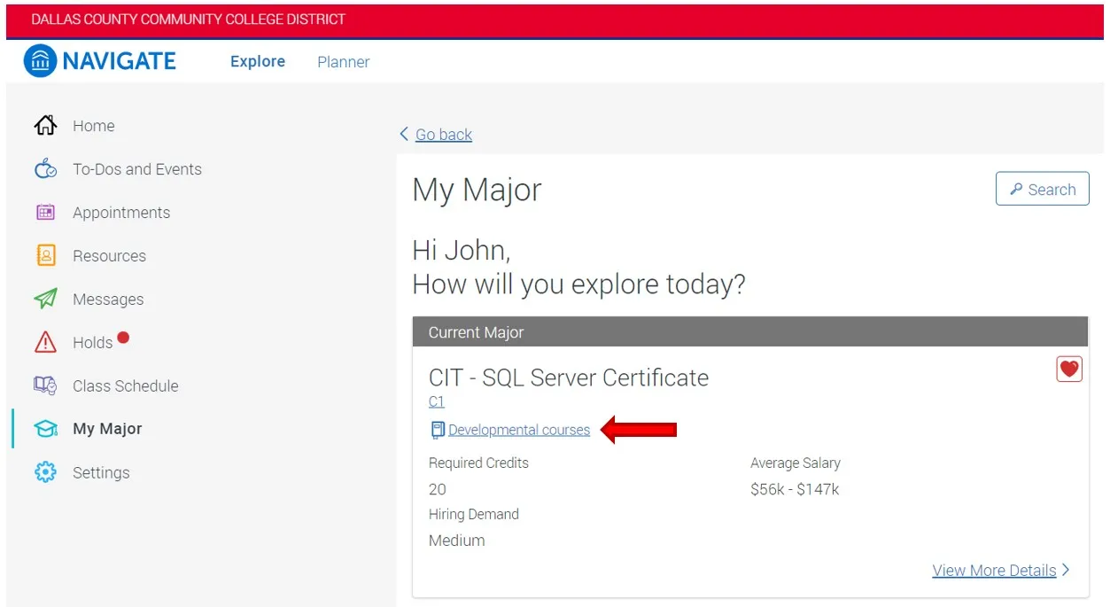 Within the Current major box, click the link Developmental Courses.