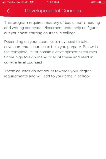 Developmental Courses page, providing brief description that this program requires mastery of basic math, reading and writing concepts (also known as the Texas Success Initiative Reading, Writing and Math).