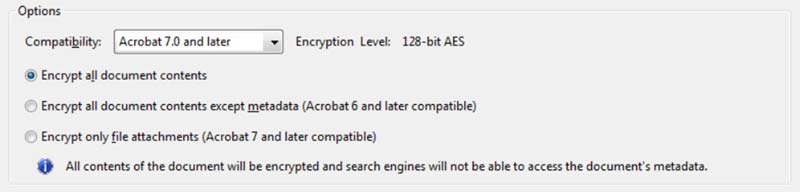 Compatibility drop-down menu. Options control compatibility with previous versions and type of encryption