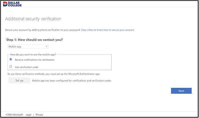 screenshot of the additional security verification process and clicking Next on the bottom right hand corner