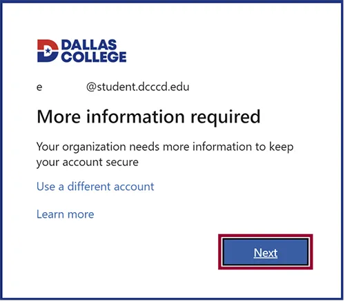 screenshot of clicking the Next button when pop up box asks for More Information Required