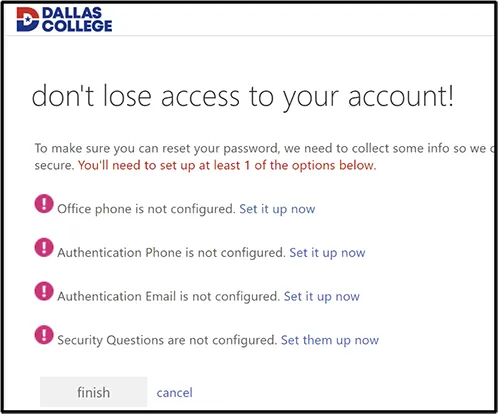 screen shot of the self-service password reset step